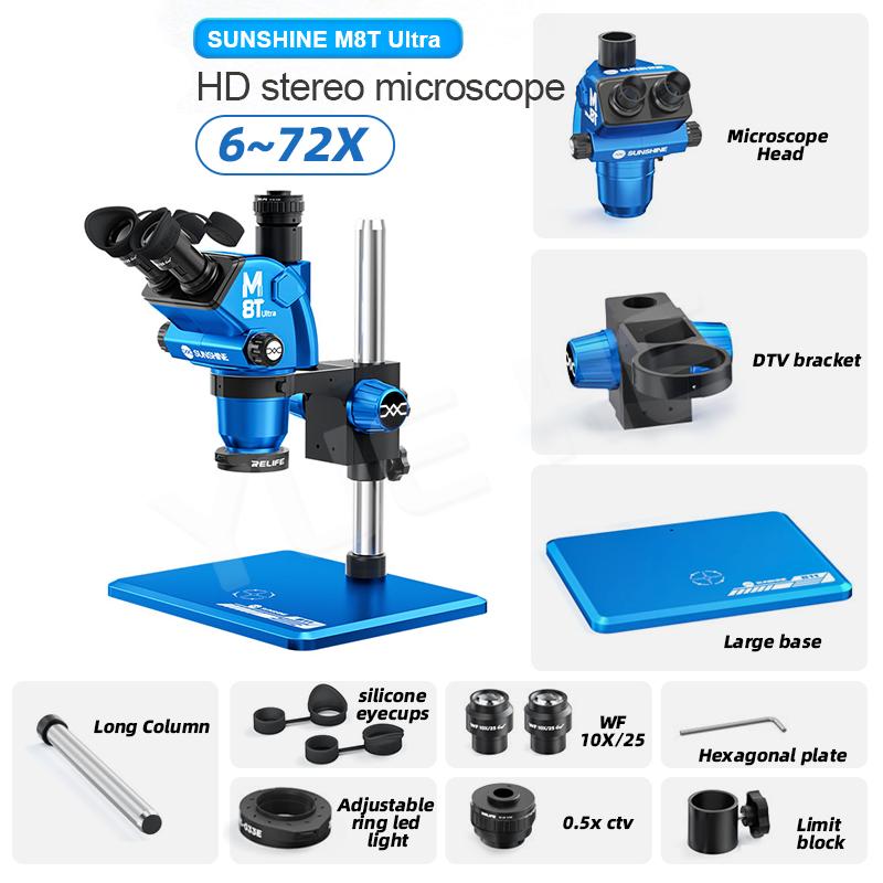 SUNSHINE M8T Ultra 6-72X Continuous Zoom Microscope 350mm Adjustable Column Base 0.5X with Large Stand for Phone Repair Tools