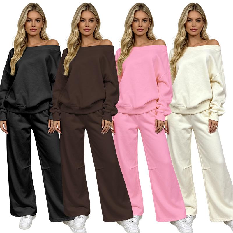 New solid color off-the-shoulder long-sleeved pullover women's sweater fashion casual wide-leg pants set