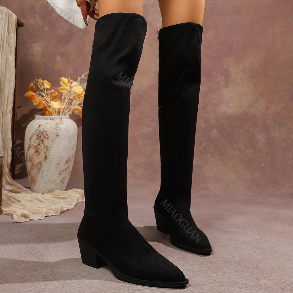 Fashion Black High-heeled Suede Over The Knee Boots Autumn Women Shoes Pointed Toe Women's High Botas Fashion Warm Lace Up Long Boots