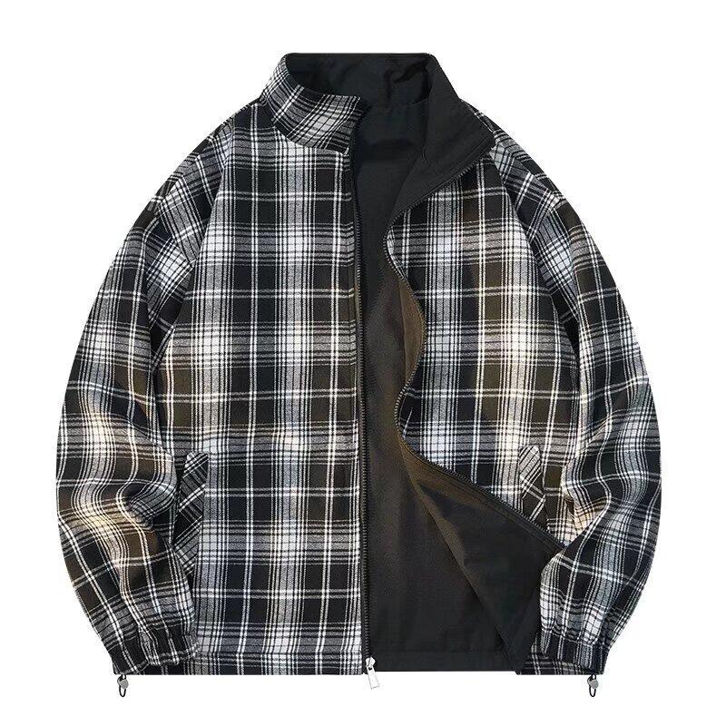Męska gładka kurtka w kratę z zamkiem i kołnierzem stojącym na 2025 - Uniwersalna, Przystojna warstwa na wiosnę/jesień
