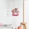 Whimsical Teacup Cat with Flowers Light Switch Stickers Playful Cartoon Decals for Living Room and Hallway Decor