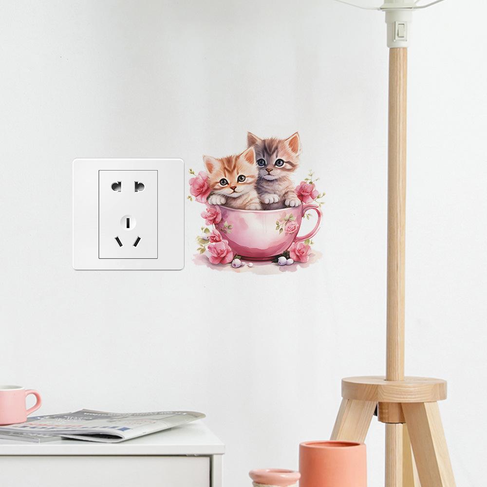 Whimsical Teacup Cat with Flowers Light Switch Stickers Playful Cartoon Decals for Living Room and Hallway Decor
