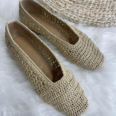 Cowhide Version~ Niche Retro Raffia Comfortable Soft Light Mouth Woven Hollow Flat Bottom Versatile Single Shoes Grandma Shoes Women