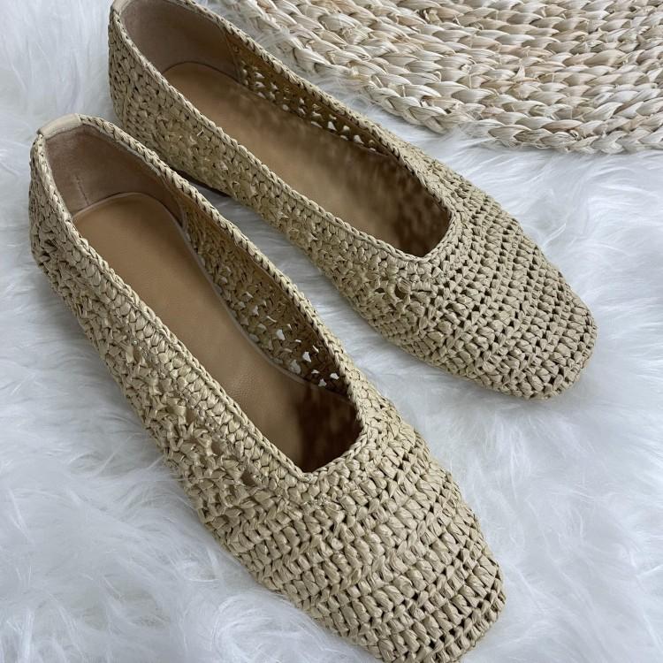 Cowhide version~ niche retro raffia comfortable soft light mouth woven hollow flat bottom versatile single shoes grandma shoes women