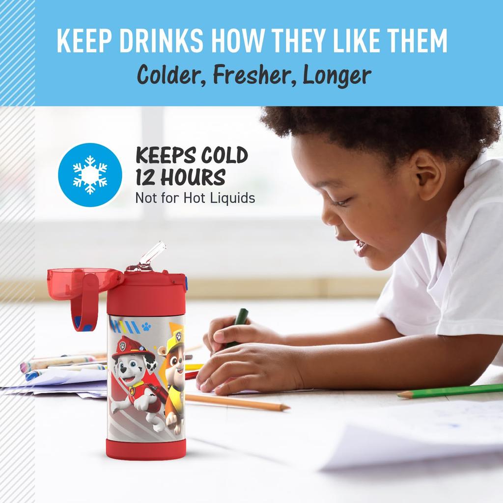 THERMOS FUNTAINER 12oz Stainless Steel Vacuum Insulated Kids Straw Bottle Blue Paw Patrol