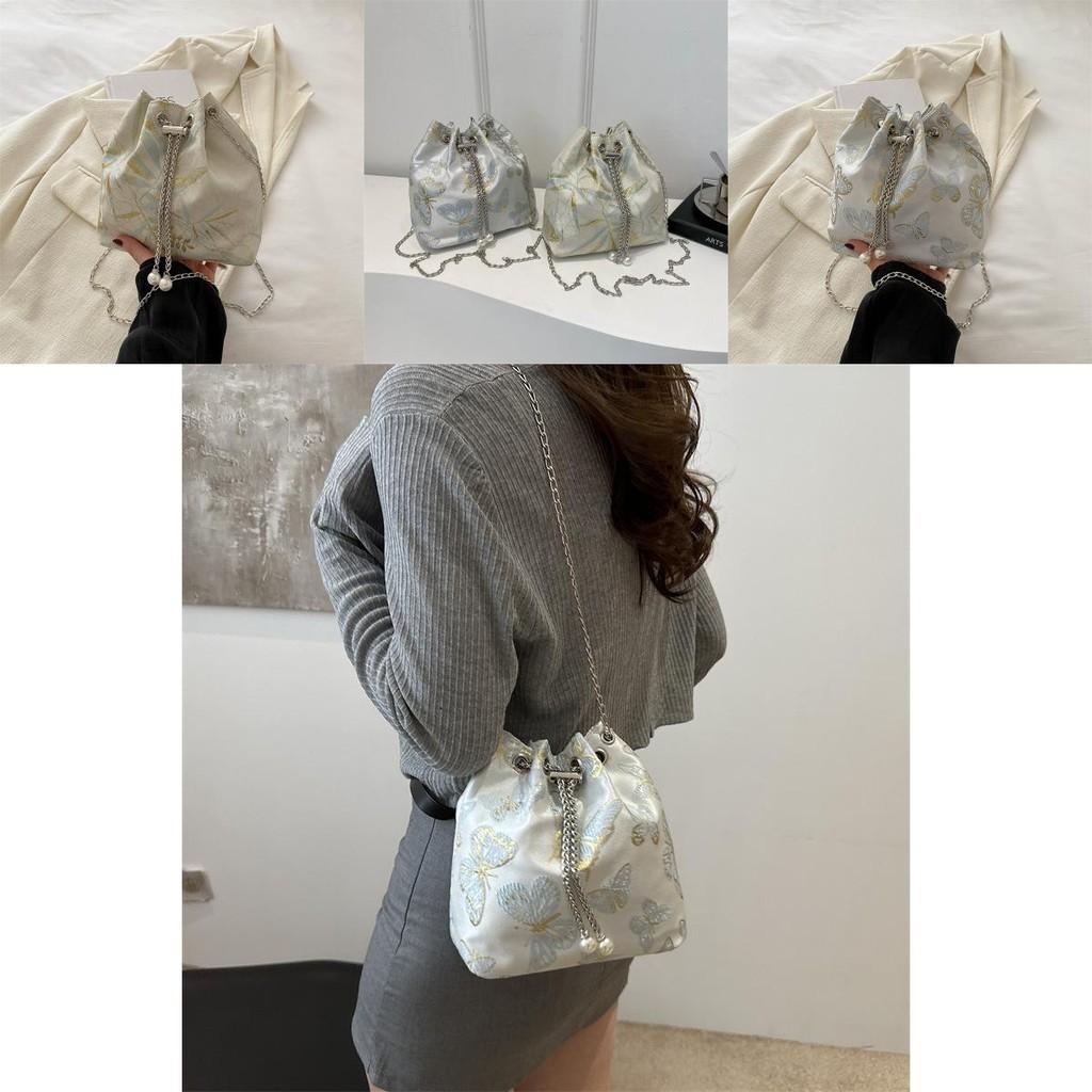 Stylish New Chinese Style Bucket Bag With Embroidered Silk And Trendy Chain Strap