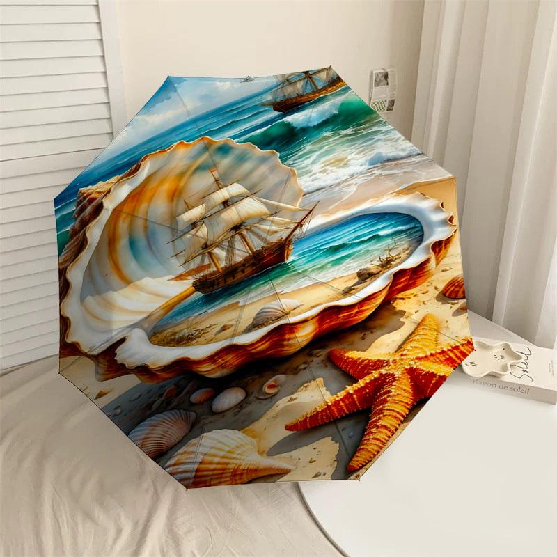 

1PC Seashell Ocean Umbrella-8-Rib Reinforced, Automatic Open, Lightweight & Durable, Fashion Accessory for Outdoor, J0370