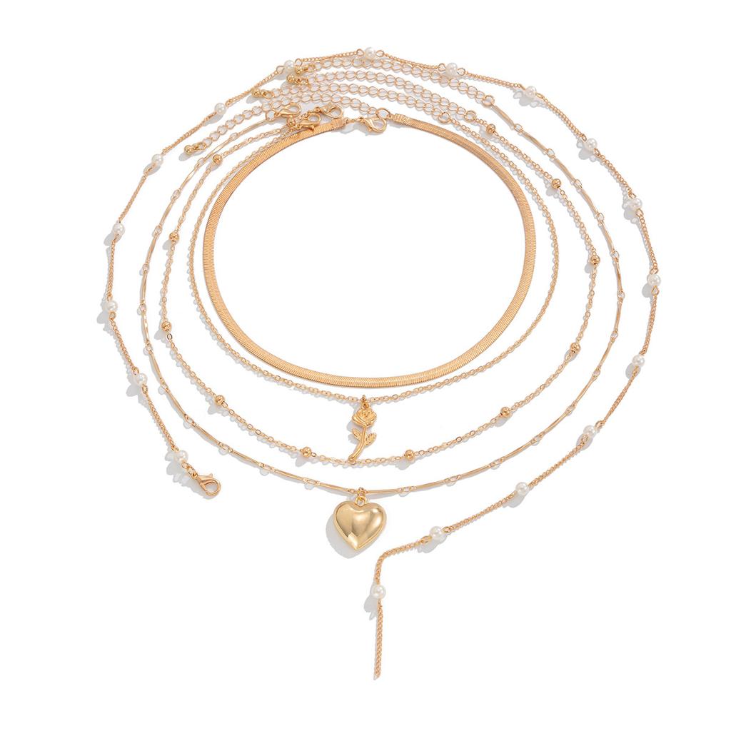 Sweet And Cool Rose Love Collarbone Necklace, Temperament Imitation Pearl Snake Bone Chain Stacked Necklace