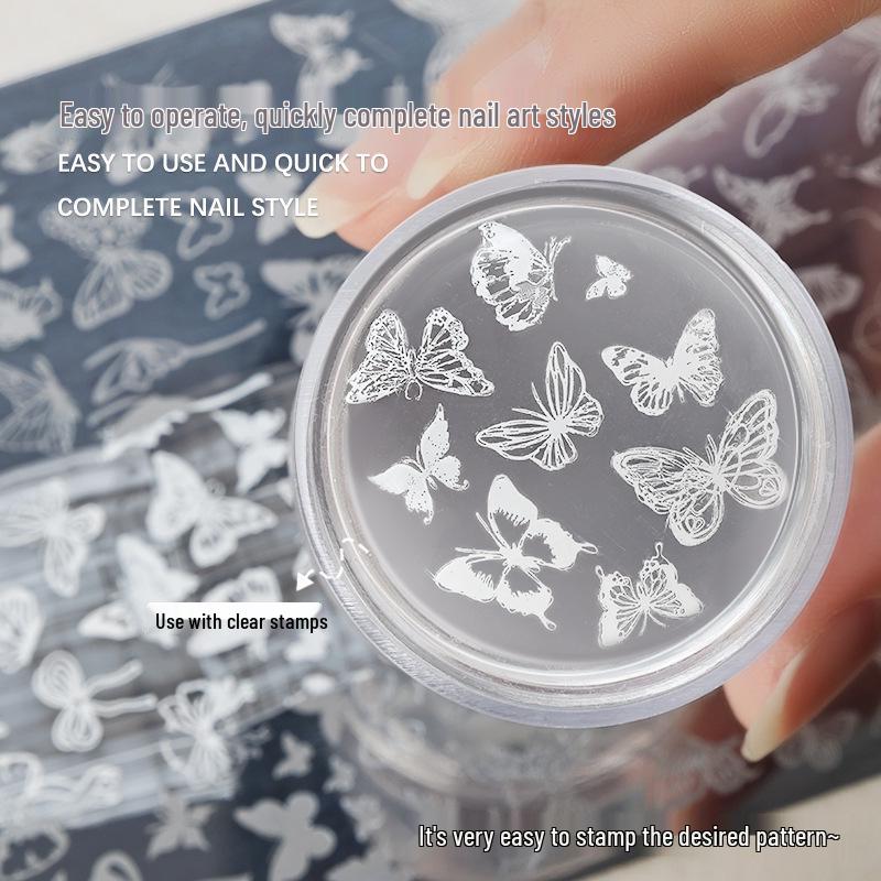 Płytka do stemplowania zdobień paznokci - Wzory koronki, motyla, róży, kwiatowe, wstążki, kok z silikonowym stempelkiem