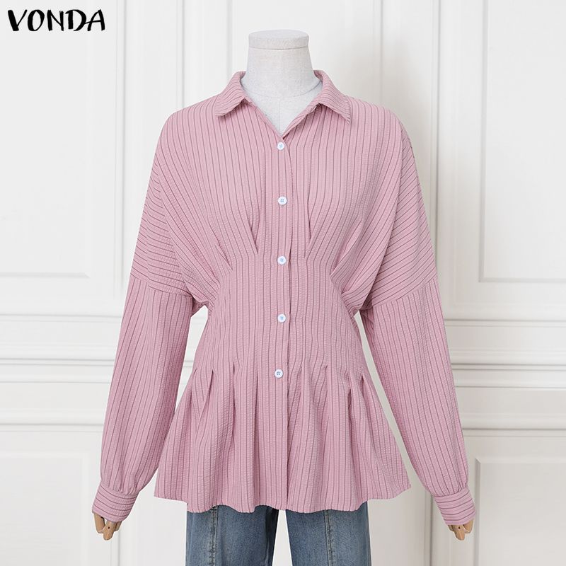 VONDA Womens Casual Lapel Neck Long Sleeve Ruffled Striped Print Loose Rumple Blouse Shirts