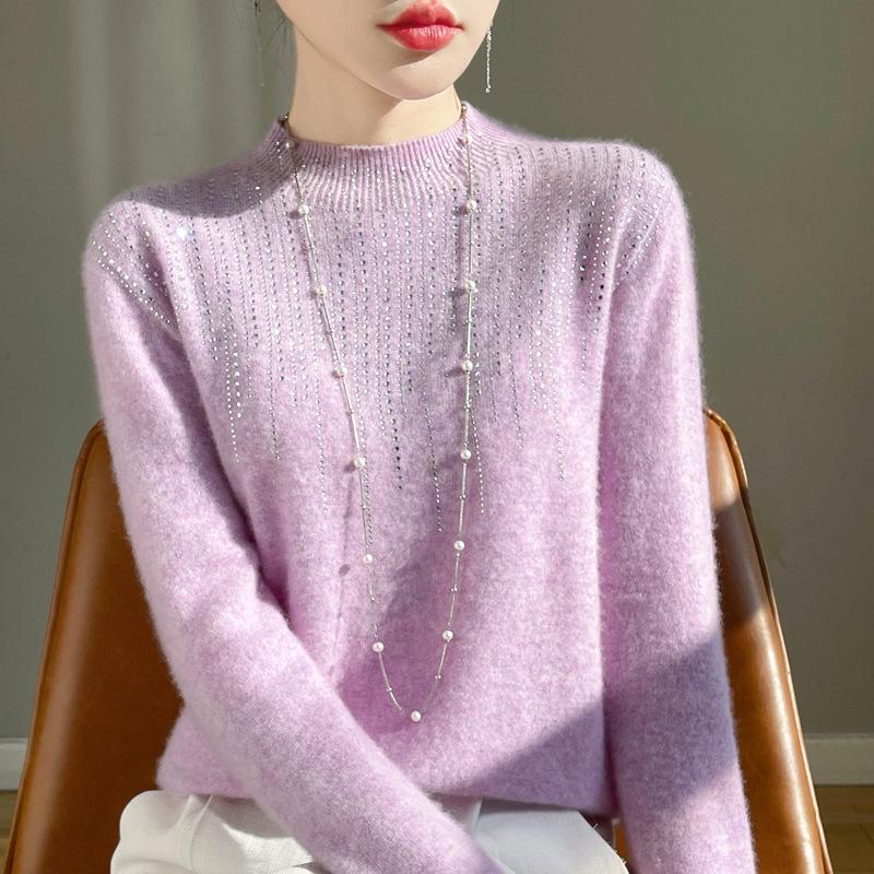 

Женский пуловер из чистой шерсти с кисточками из страз - полувысокая горловина, вязаный свитер с длинным рукавом. Extra Large