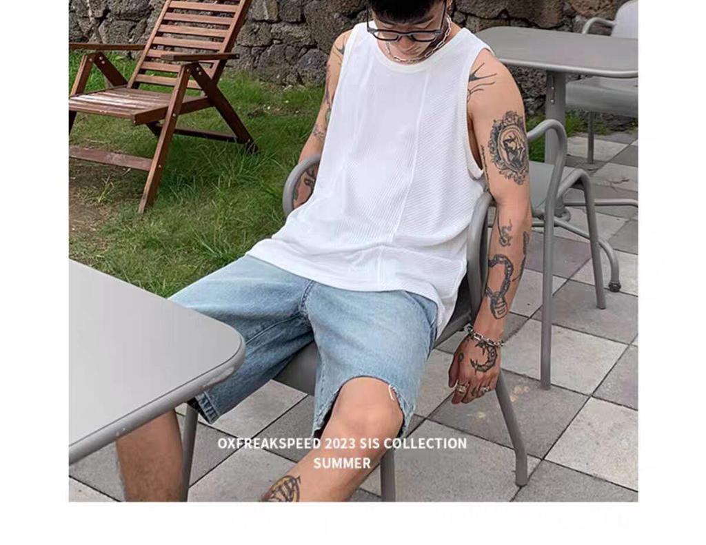 Men's American Basketball Ice Silk Tank Top - U-Neck, Sleeveless, Loose Fit, Ribbed Undershirt