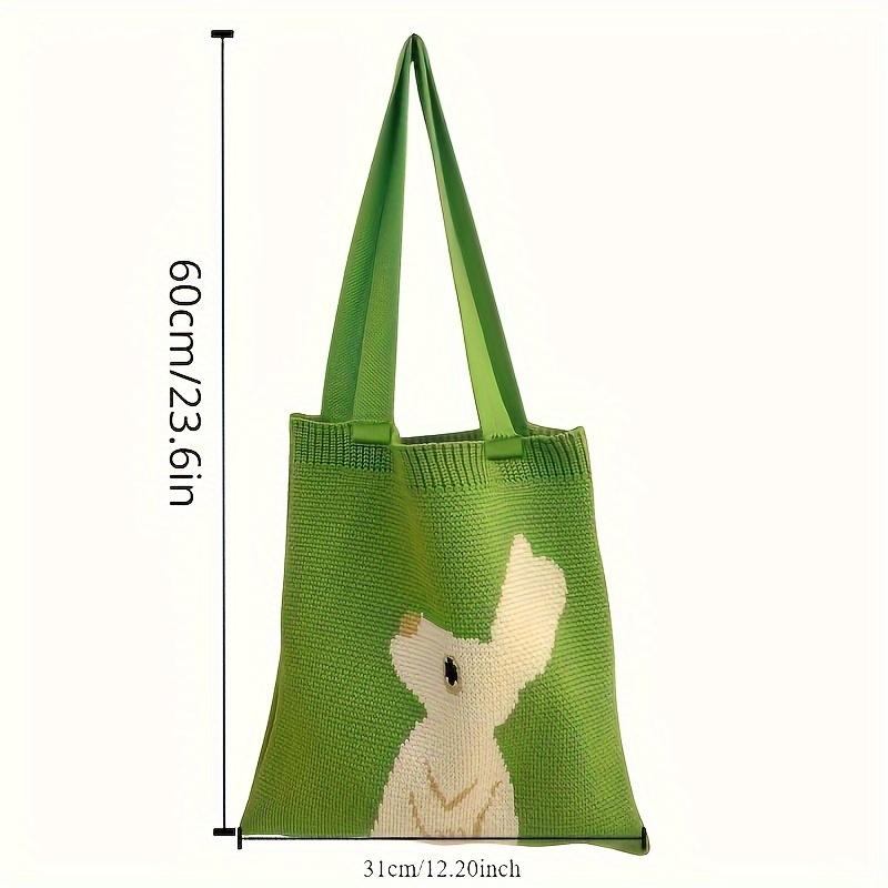 Green Knitted Rabbit Tote Bag, Fashionable Looking Up Rabbit Knitted Bag, Portable Shopping Shoulder Bag