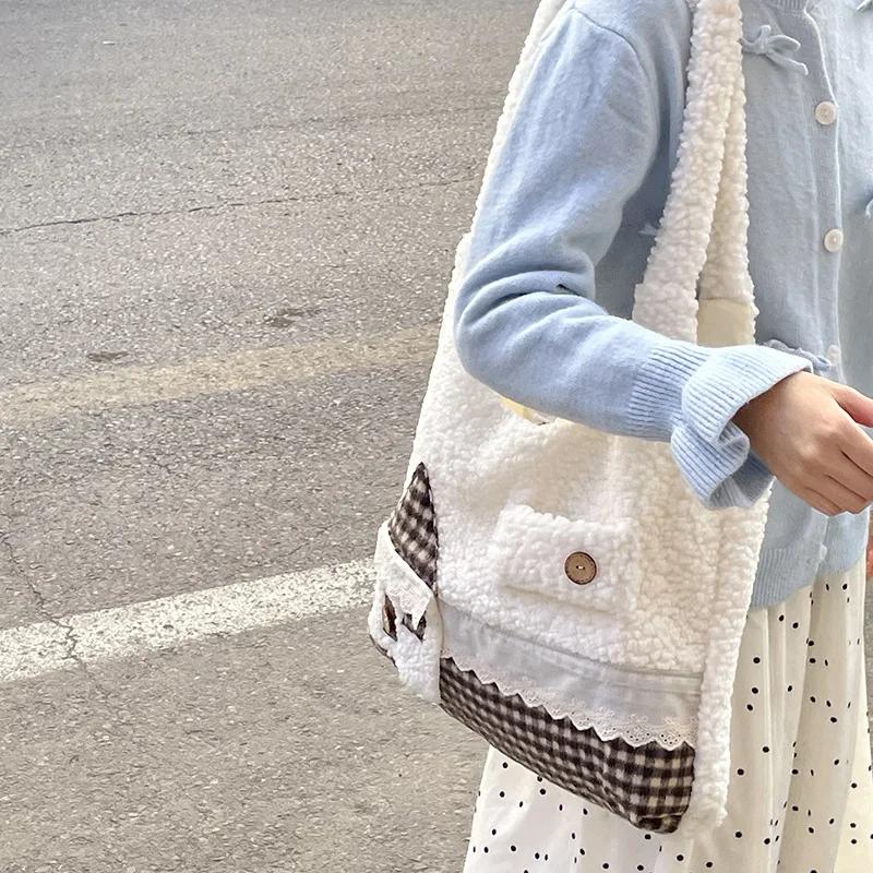 

Cute Carto Faux Lamb Wool Shoulder Bags for Girls Schoolbags Large Capacity Women s Tote Shopping Bag Casual Female Handbags