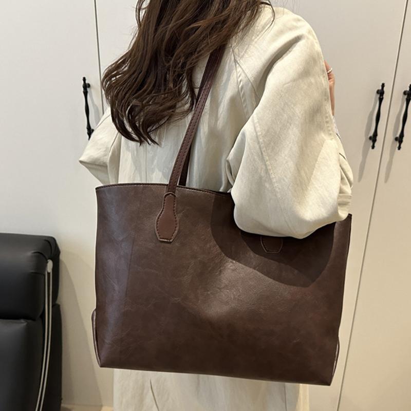 New Simple Solid Color Versatile Tote Bag Fashion Commuter Light Luxury Trend Faux Leather Design Shoulder Bag