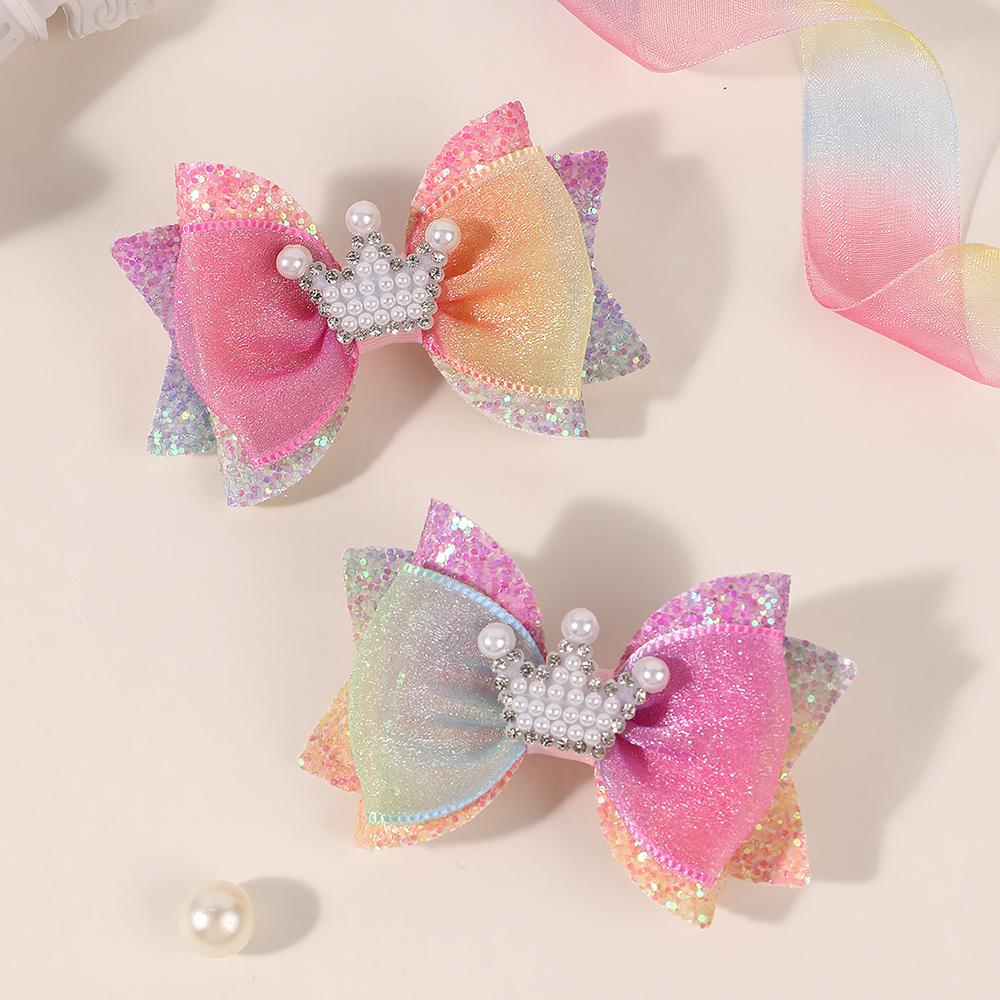 2Pcs Sweet Tulle Barrette Hair Bow Clip Sparkly Glitter Pigtails Hair Clip with Pearl Crown Headdress Kids