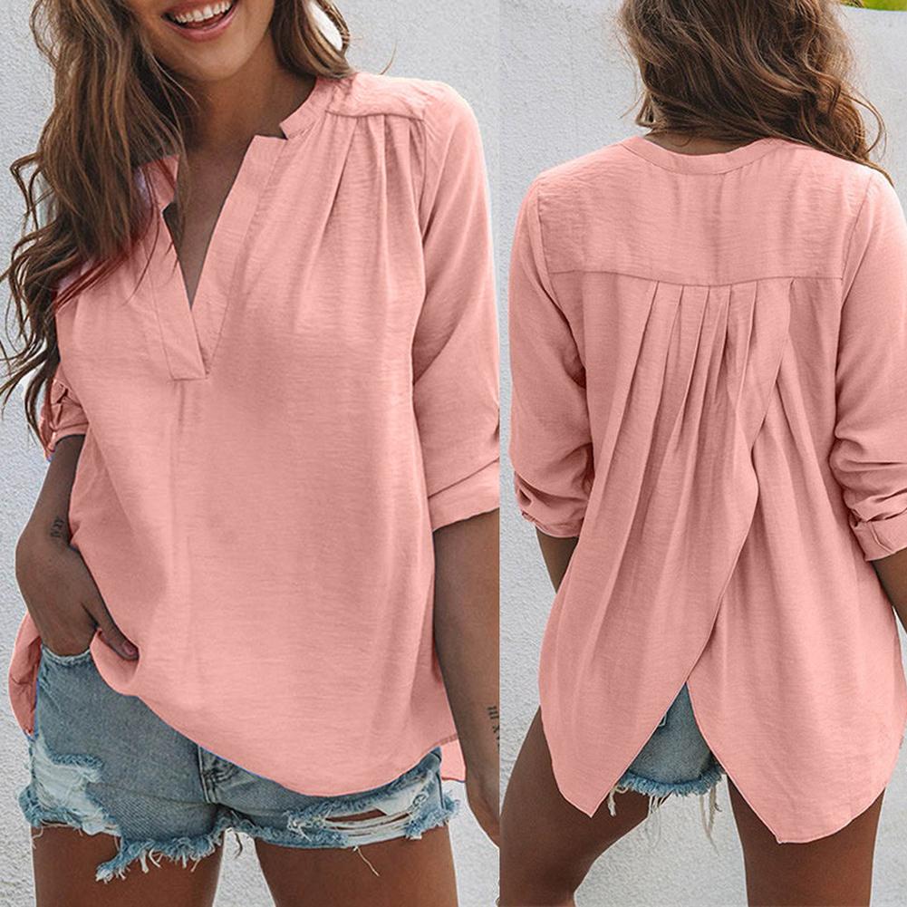 Women Fashion Solid Color Long Sleeve Pleated Back Slitting Hem Shirt Blouse Women's Shirt Women's Blouse Fashion Women Blouses