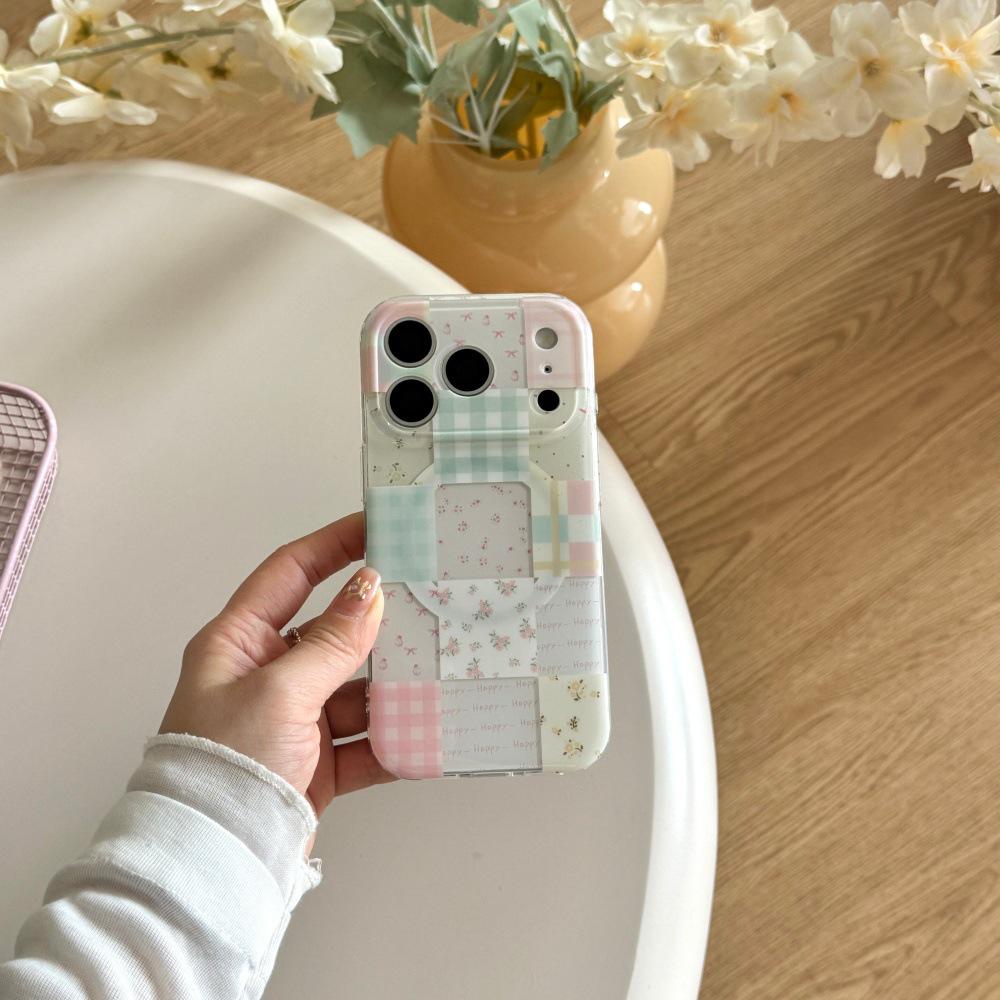 INS Korean Style Floral Plaid Patchwork Phone Case with Magnetic Adsorption for iPhone 17/17 Pro Max