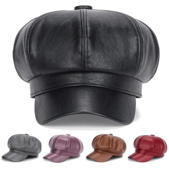 Beret Cap Faux Leather Adjustable Octagon Faux Leather Hats for Party