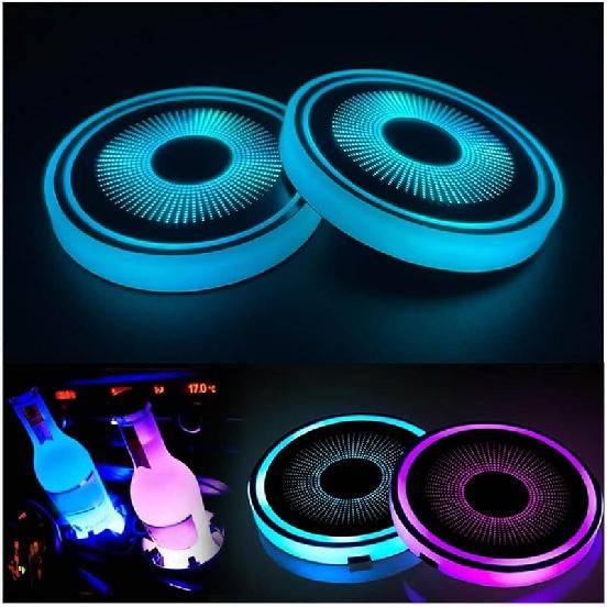 2PCS LED Car Cup Holder Lights, Light Up Car Coasters For Cup Holders 7 Colors Changing USB Charging Mat Waterproof Cup Pad, Car Gifts For Men &