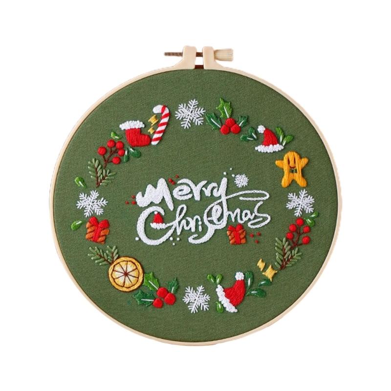 Christmas Pattern CrossStitch Kits Embroidery Starter DIY Kits with Embroidery Clothes Hoop Thread Needle for Beginner