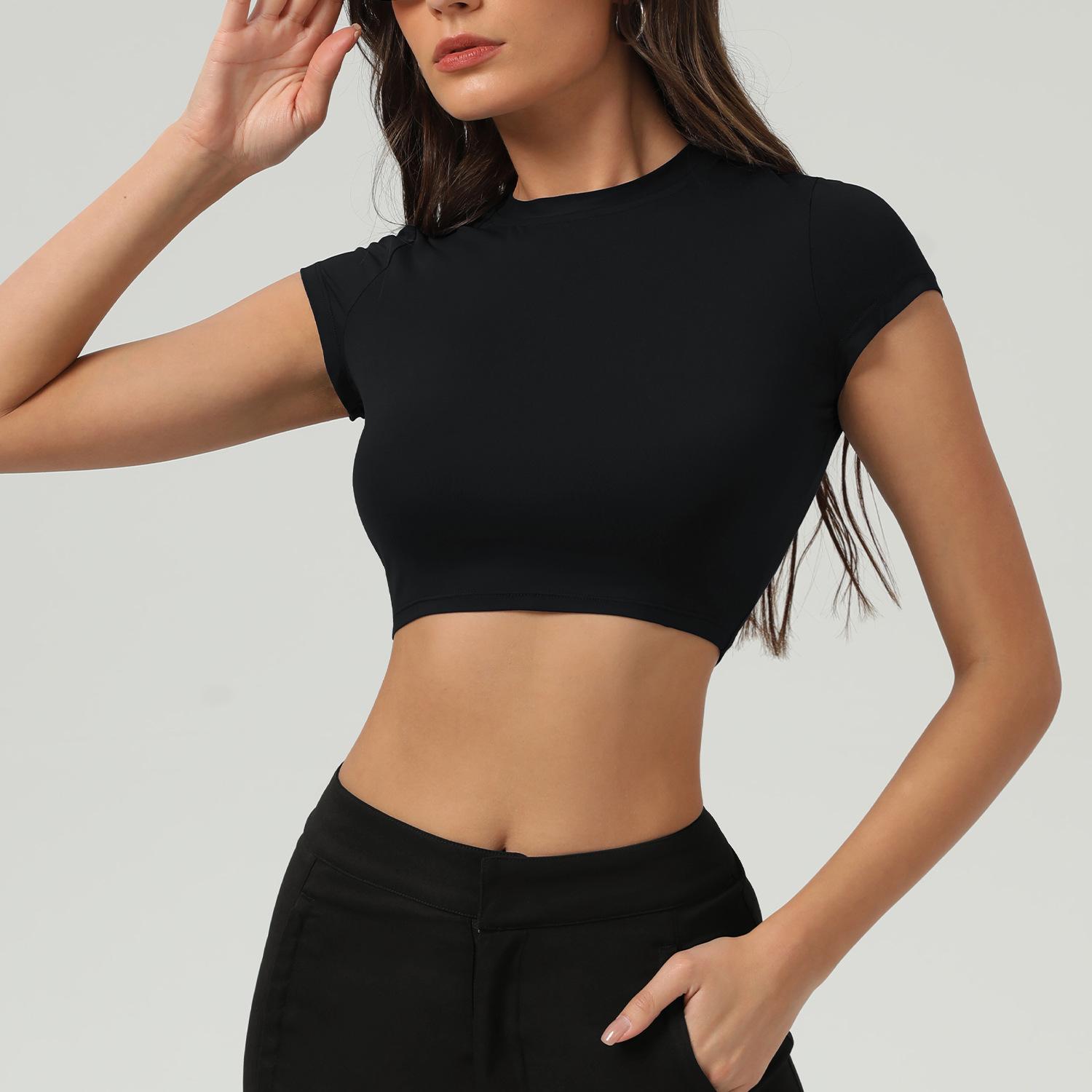 Women s Round Neck Short Sleeve Crop Top Slim Fit Workout Yoga T-Shirt S