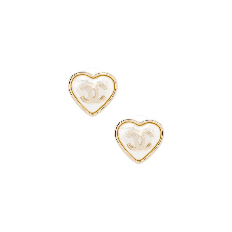 Chanel Classic Double C Logo Retro Heart Shape Metal Earrings Women's Gold