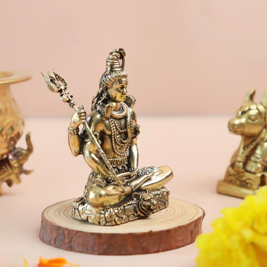 Brass Meditating Lord Shiva Idol | 3 Inch | Bholenath Murti | Adiyogi Statue | God Idol Gift for Diwali | Shivji For Car Dashboard