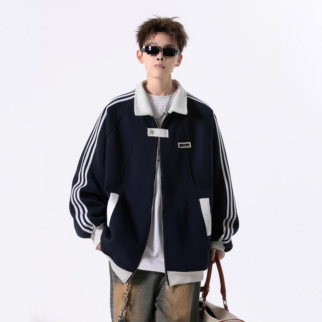 American Three-Stripes Unisex Heavyweight Baseball Jacket - Trendy Autumn/Winter Striped Patchwork Outerwear for Teens