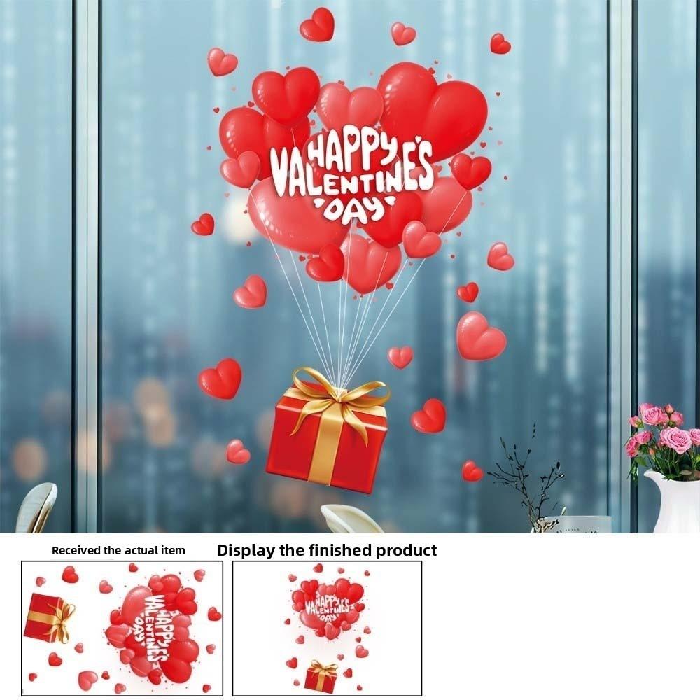 PVC Valentine's Day Window Stickers Love Heart Balloon Shape Pink Red Flower Rose Love Heart Window Decals DIY Waterproof