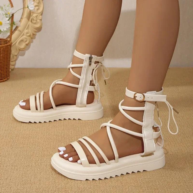 Fashion 2024 Summer Hot Selling Women's Shoes Fashion Open Toe Women's Sandals Solid Color Casual Mid Heel Women's Roman Sandals