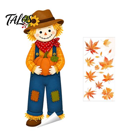 Non Adhesive Window Decals Fall Clings, Autumn Scarecrow Maple Leaf Stickers, Reusable Double-Sided Removable Pumpkin Clings Static PVC Glass