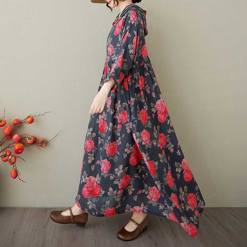 

Летнее новое платье большого размера в стиле ретро, нежное, шелковое, хлопковое, льняное, с капюшоном и принтом, мягкая и удобная женская одежда One Size