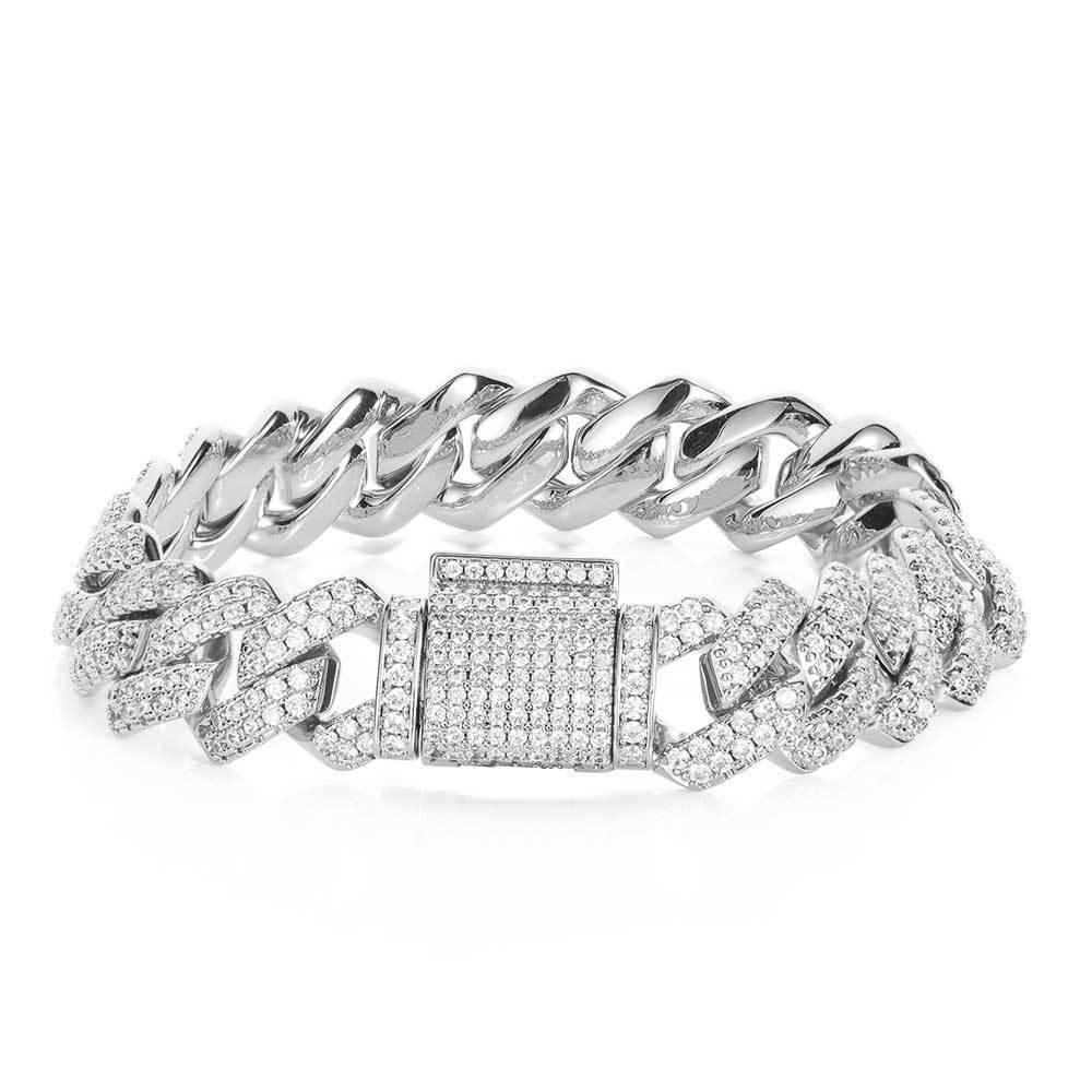 14mm Diamantový kubánský řetízek Zirkonový náramek: Evropský a americký hip-hopový styl, trendy pánský barový náramek