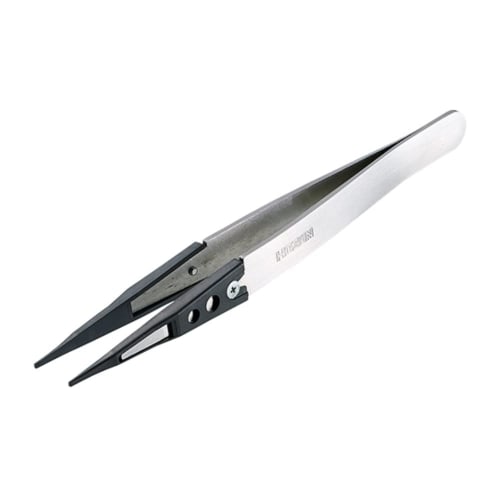 

HOZAN ESD Tip Tweezers, Anti-Static Tweezers, Total Length 125mm, Opening Width 10mm, Tip Width 1.2mm, P-640-S