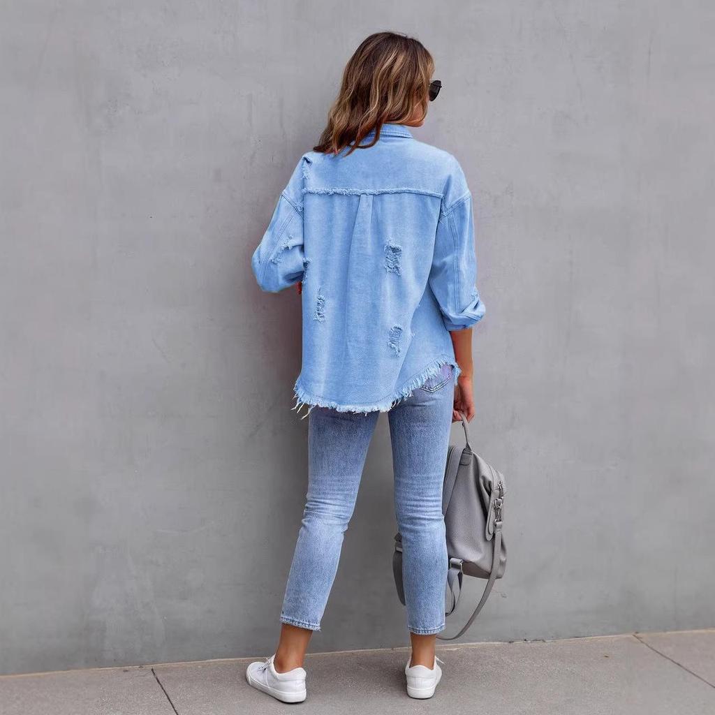 Women's Solid Color Ripped Denim Shirt - Long Sleeve, Loose Fit Bestseller