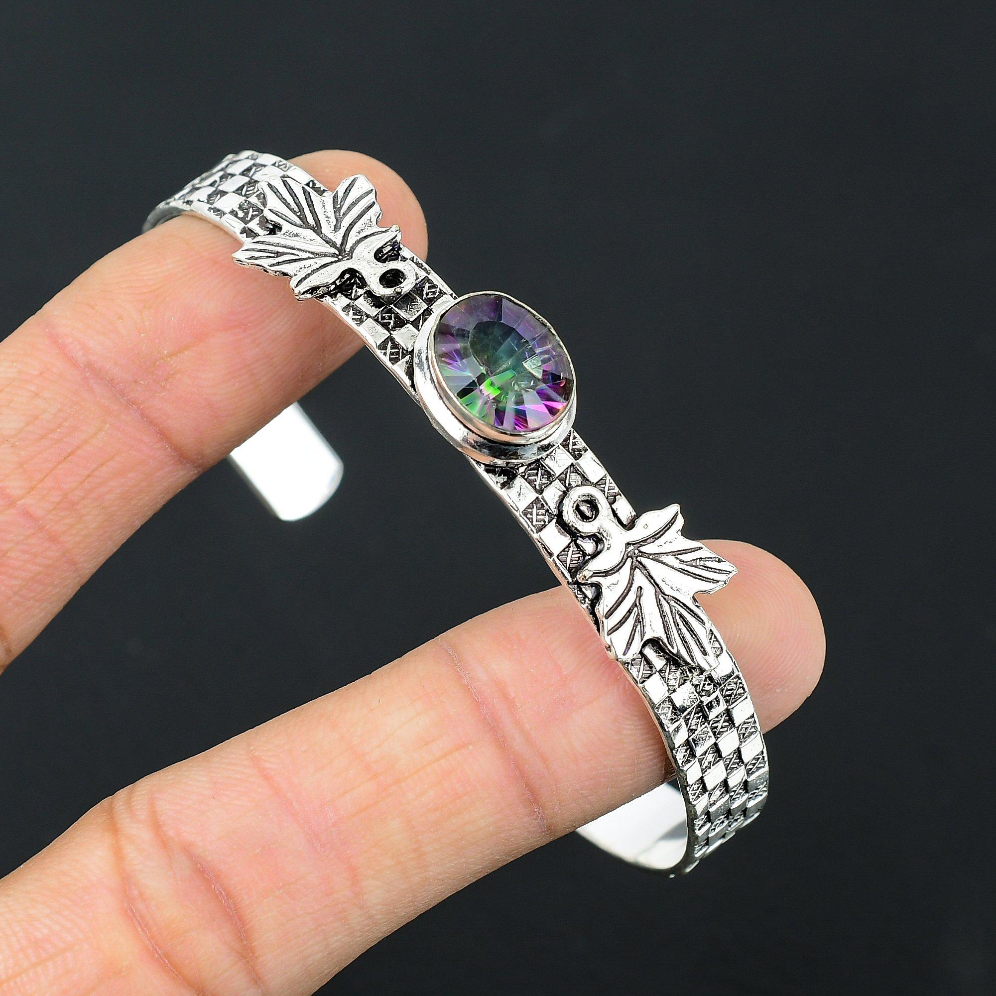 

Sisters Day Deal Sterling Silver Oval Rainbow Mystic Topaz Stone Artisan Bangle Adjustable