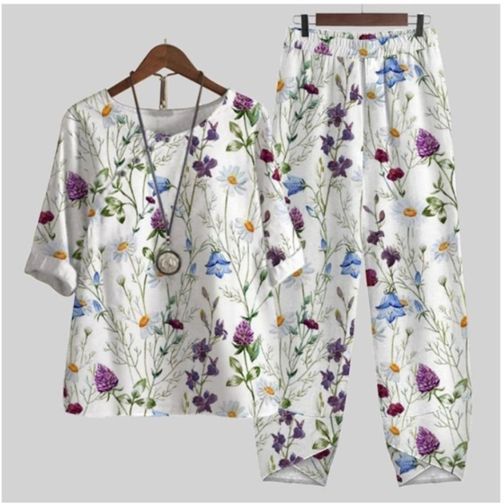 Women's Casual Two-Piece Floral Print Outfit Five-Point Sleeve Tops and Elastic Waist Pants Set