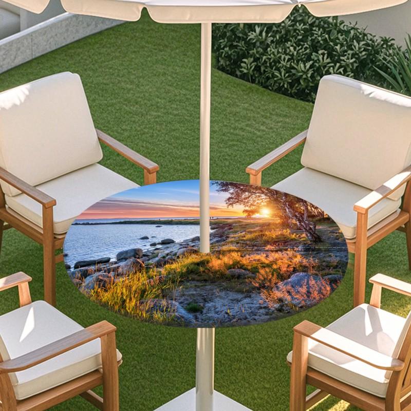 Outdoor Round Table Cover With Nature Print Waterproof Elastic Hem Patio Garden Deck
