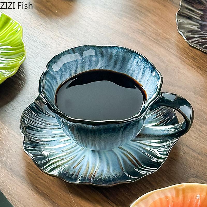 Gradient Painted Ceramic Cup&saucer Flower Edge Cups Dining Table Coffee Mug Milk Cup Afternoon Tea Teacup Fruit Juice Container