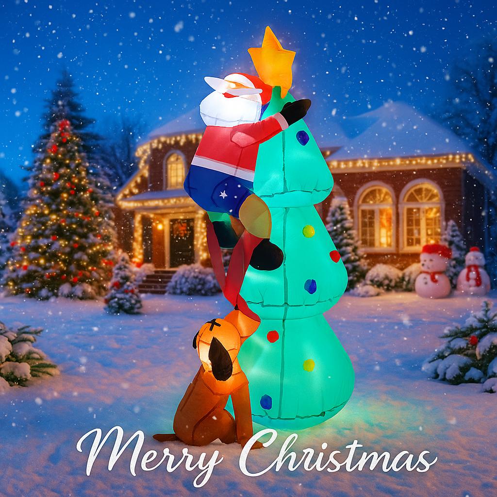 5.91FT Inflatable Toy Christmas Tree Decor Santa Claus Dog Xmas Yard Ornament Supplies With LED Lit Home Decoration Festive Gift