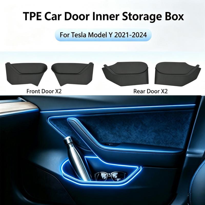 For Tesla Model Y -2024 Door Side Storage Box Set TPE Fully Covered Front Rear Door Storage Tray Organizer Car Accessories