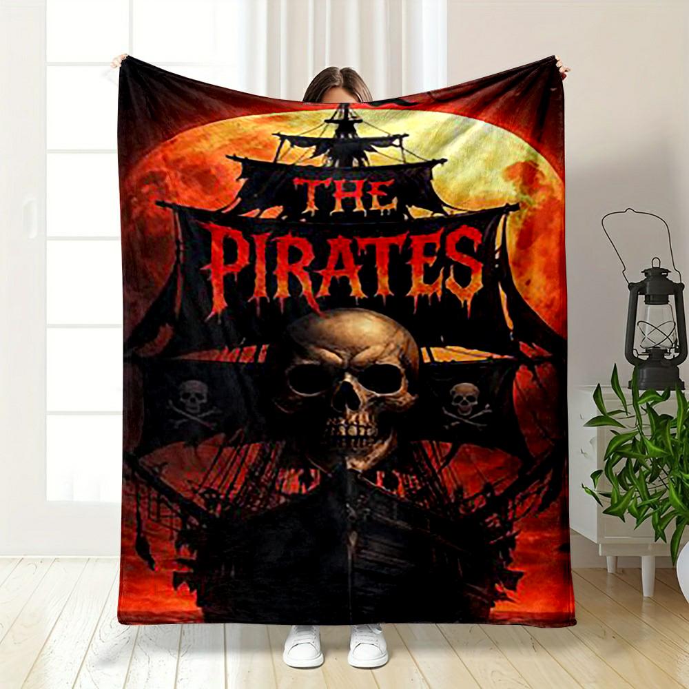 Pirate Ship with Skull Design Printed Flannel Blanket for Bedroom, Living Room, Sofa, and Nap