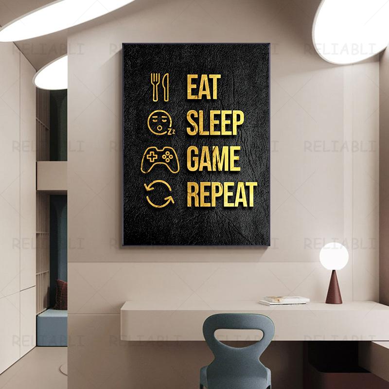 Modern Abstract Gaming Gamer Quotes Canvas Posters Black Golden Game Painting Wall Art for Living Room Kidsroom Decor Cuadros
