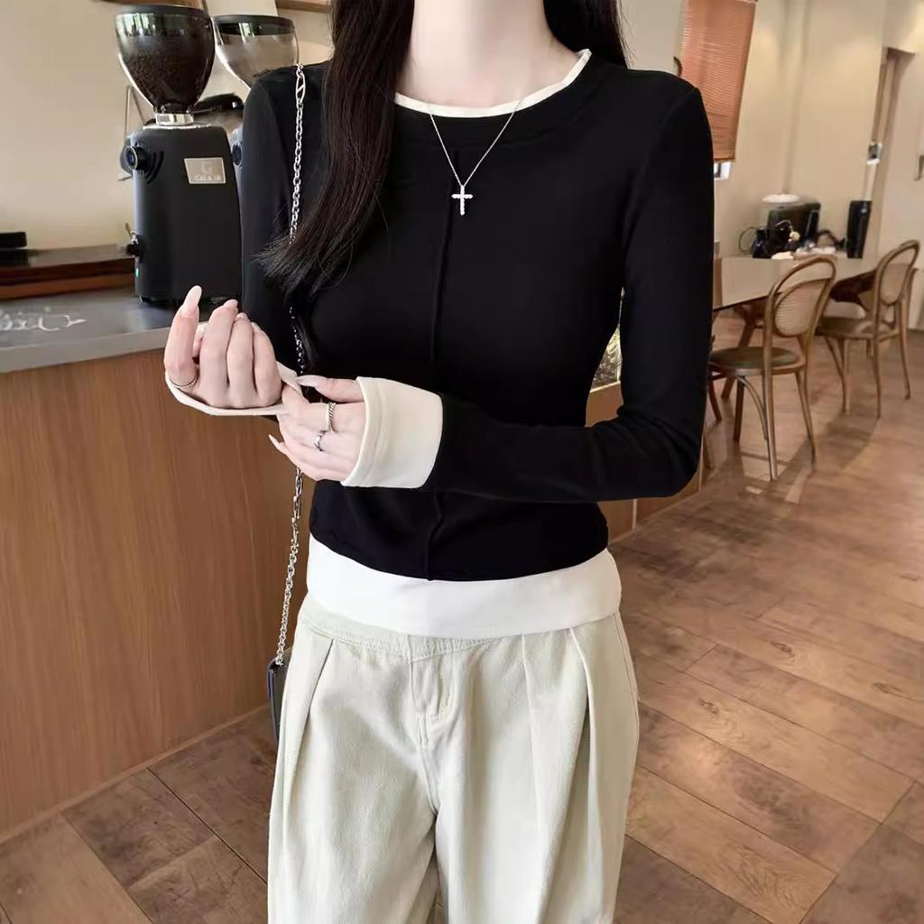 Spring American Fake Two-piece Long-sleeved T-shirt Base Shirt for Women New Style Round Neck Layered Top