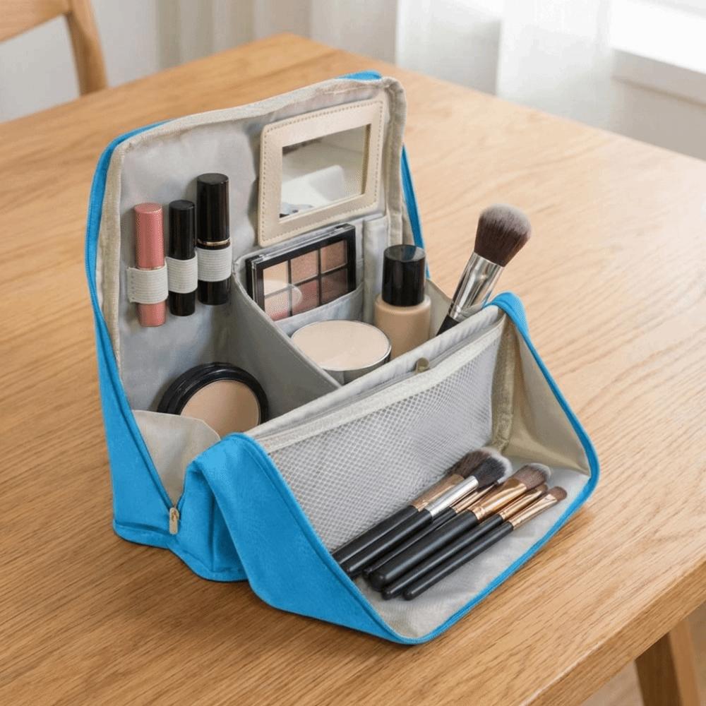 Large Capacity Vertical Makeup Bag Standable Multi-Compartment Skincare Storage Bag with Mirror Partitioned Cosmetic Organizer