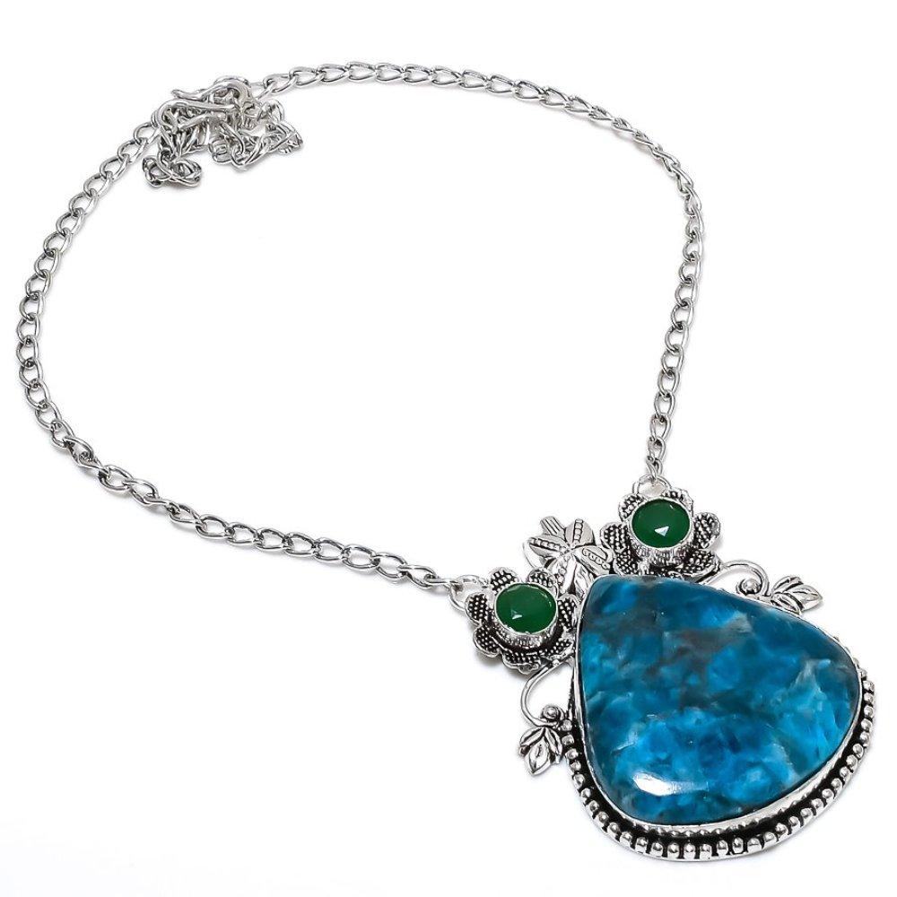 Natural Neon Blue Apatite, Jade Gemstone 925 Sterling Silver Necklace 18" U3s87