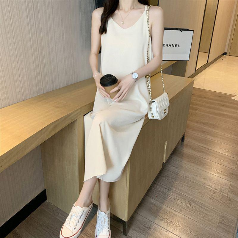 Sleeveless Chiffon A-Line Dress - Women's Knee-Length Solid Color Skirt for Summer Commutes