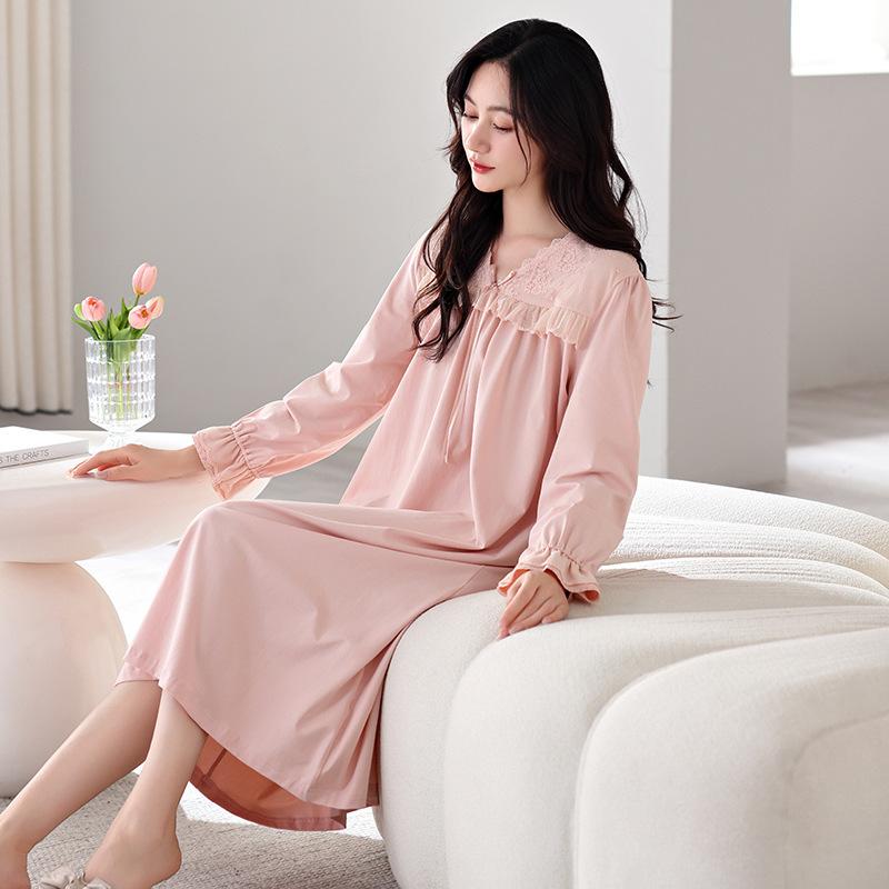 Pajamas Women Spring And Autumn Cotton Long-Sleeved Pajamas Skirt Lace Lace Can Be Worn Outside Medium And Long Knee Loungewear