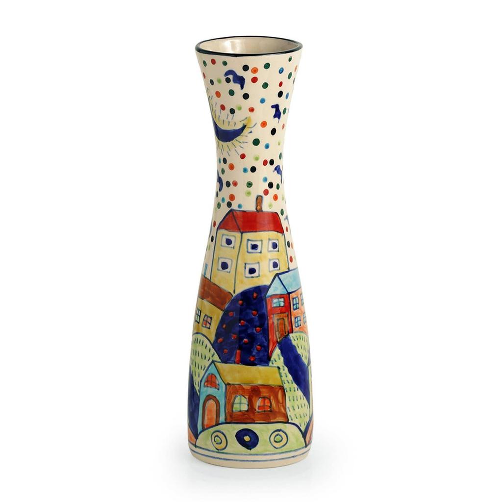 'The Hut Long-Neck' Hand-Painted Artifacts for Living Room & Home Decorative Ceramic Flower Vase